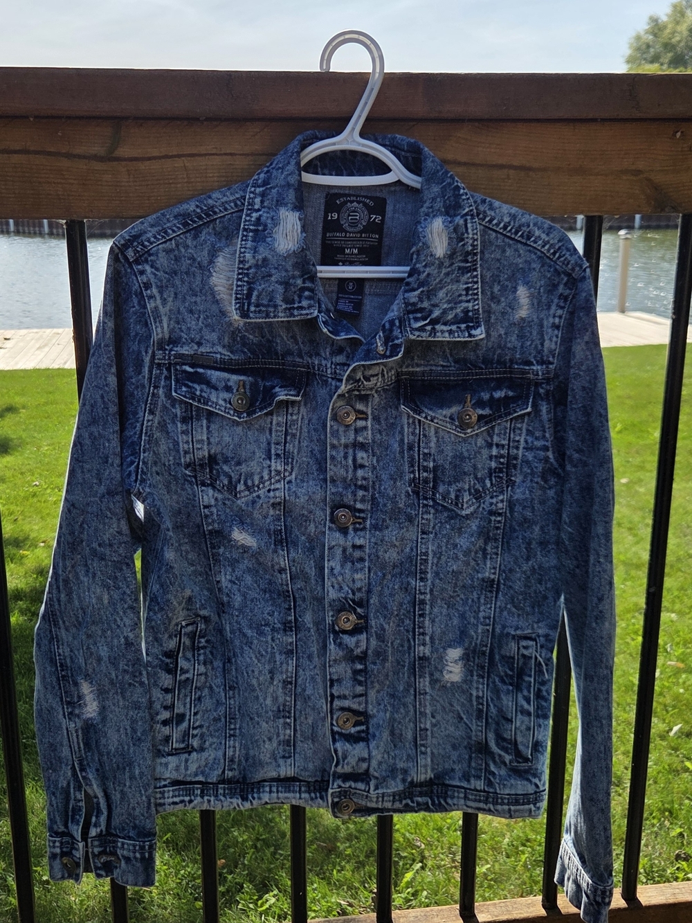 Mens Buffalo David Bitton Distressed Blue Denim Jacket, Size M, Like New.